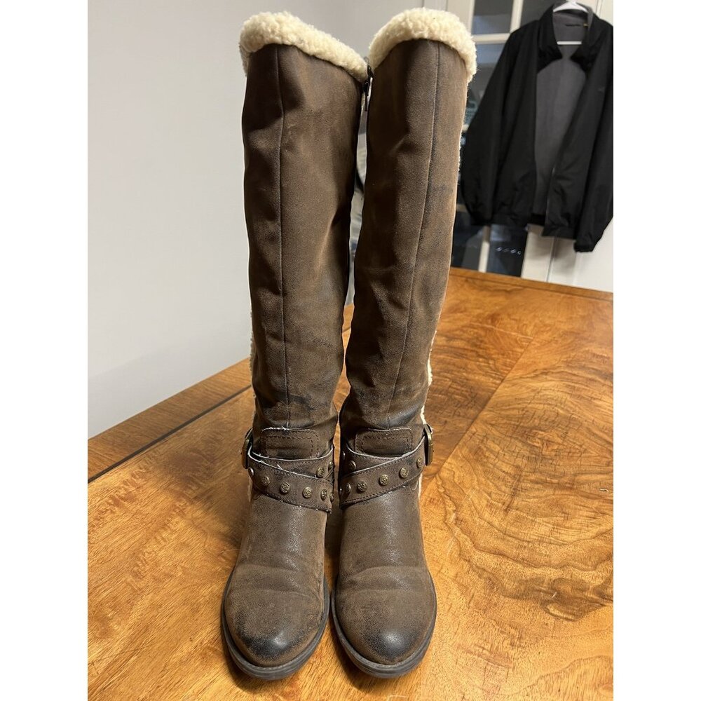 Nicole Women's 7 Tall Knee High Faux Suede Shearling Trimmed Boots Riding Brown